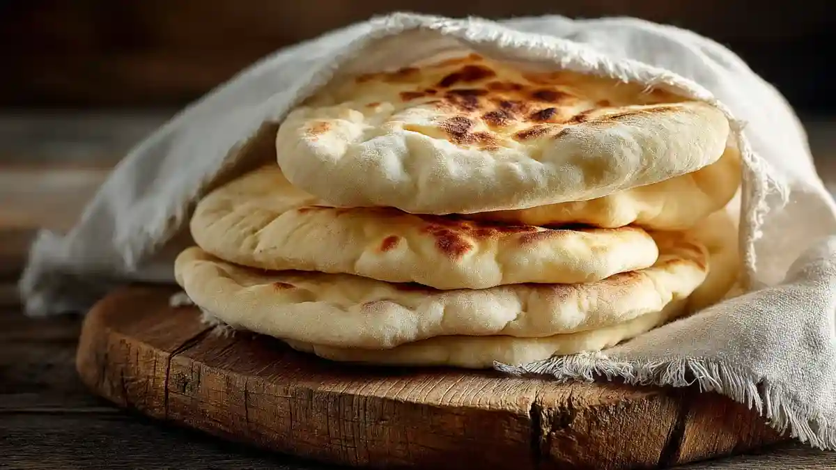 Gros plan de pains libanais empilés et moelleux