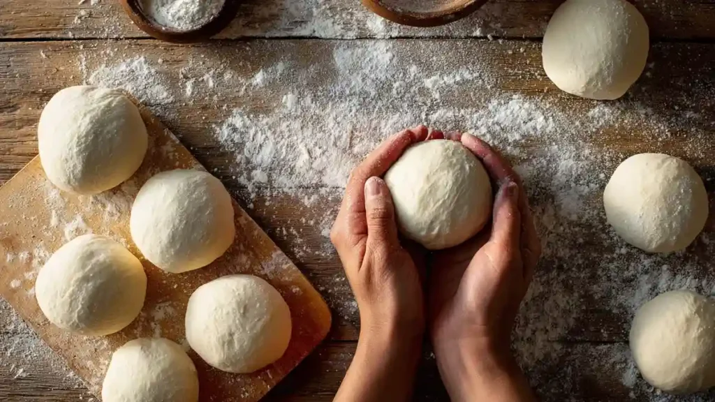 Façonnage de boules de pâte à pain libanais sur plan fariné