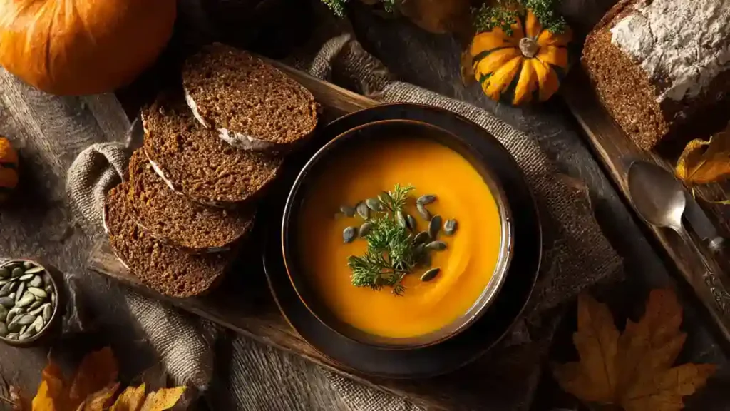 Pain noir servi avec une soupe de potiron fumante