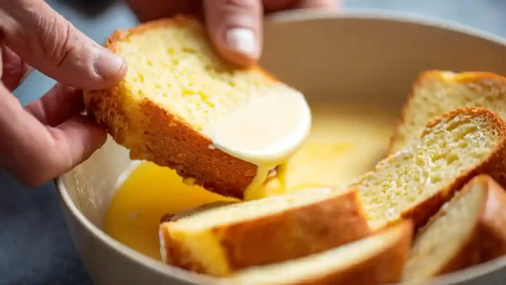 Tranche de pain trempée dans un mélange œufs-lait pour pain perdu à la friteuse à air