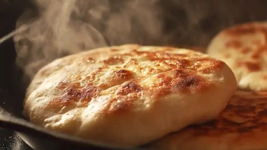 Pain libanais qui cuit à la poêle avec une belle dorure