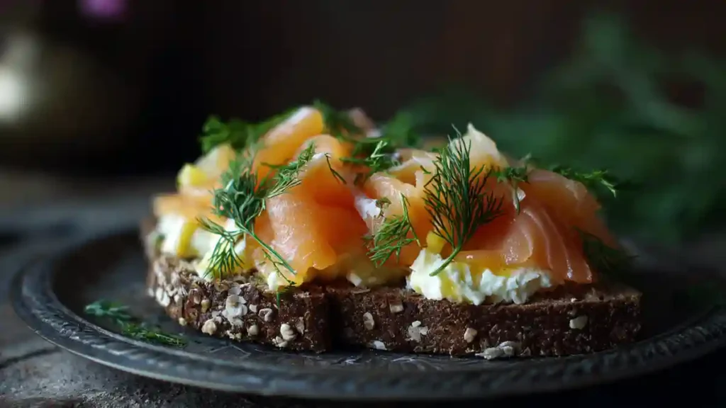 Tartine de pain noir au saumon fumé et fromage frais