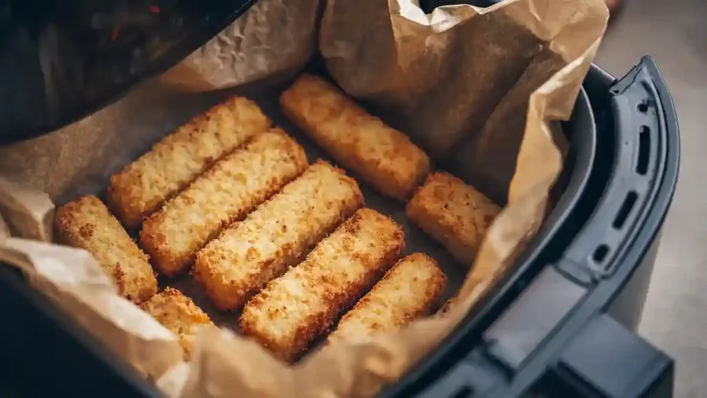 Pain perdu en bâtonnets en cours de cuisson dans une friteuse à air avec papier cuisson