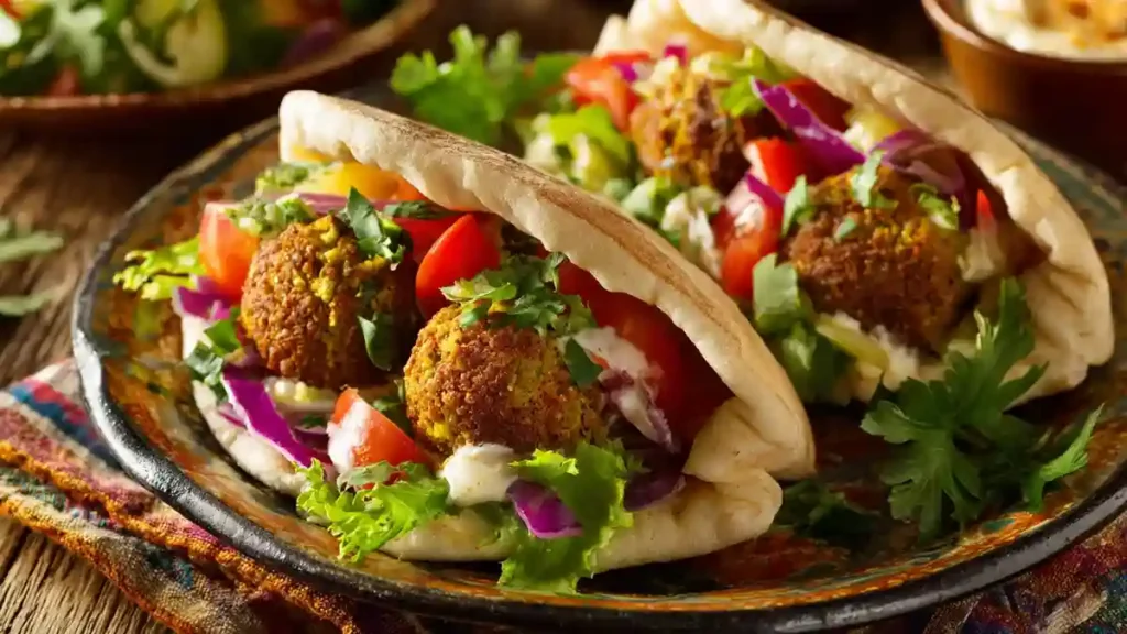 Sandwichs falafels dans pain libanais garni de crudités et sauce tahini