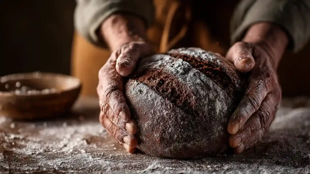 Pâte de pain noir en cours de façonnage sur un plan de travail fariné