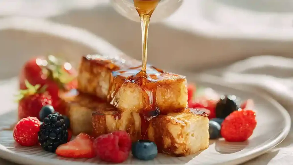 Pain perdu à la friteuse à air nappé de sirop, servi avec des fruits rouges frais