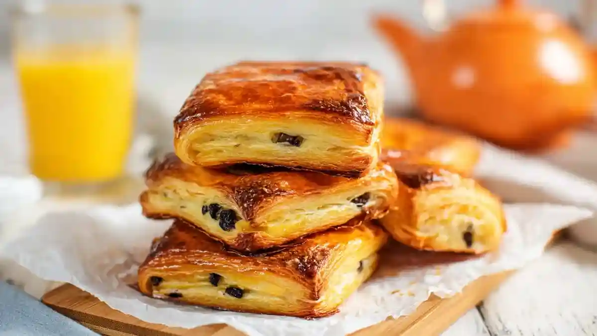 Pains suisses dorés et feuilletés avec crème pâtissière et pépites de chocolat, servis sur papier cuisson avec jus d’orange en fond.