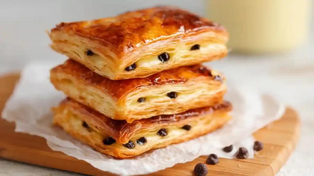 Pains suisses empilés avec pépites de chocolat et feuilletage doré, servis sur planche en bois et papier cuisson.