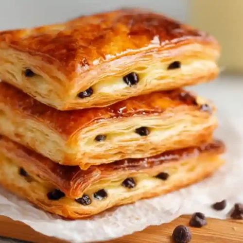 Pains suisses empilés avec pépites de chocolat et feuilletage doré, servis sur planche en bois et papier cuisson.
