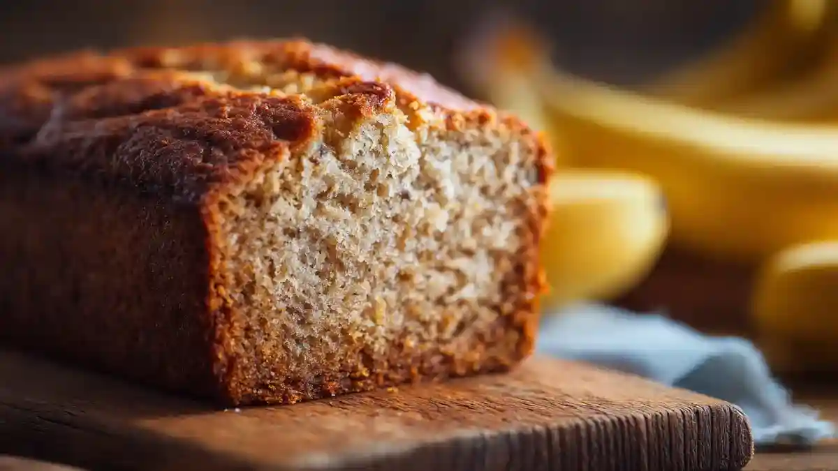 Tranche de banana bread moelleux sur planche en bois