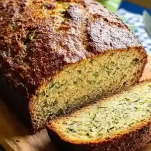 Tranches de pain de courgettes moelleux sur une planche en bois