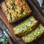 Tranches de pain de courgettes moelleux sur une planche en bois avec une lumière douce naturelle