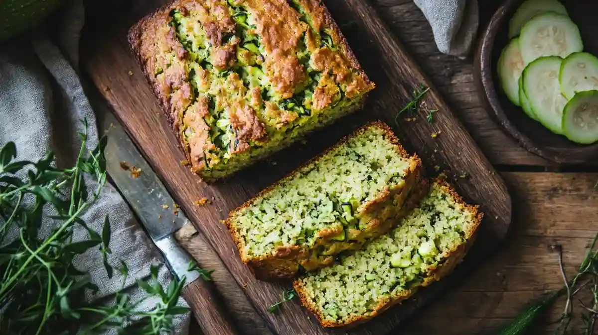 Tranches de pain de courgettes moelleux sur une planche en bois avec une lumière douce naturelle