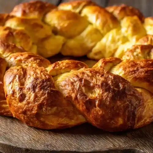 Recette Couronne de pain brioché tressée à 7 brins sur planche en bois rustique