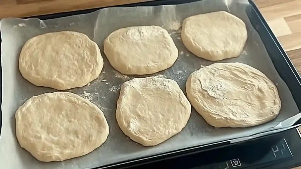 Pains kebab crus façonnés prêts à cuire sur plaque de cuisson