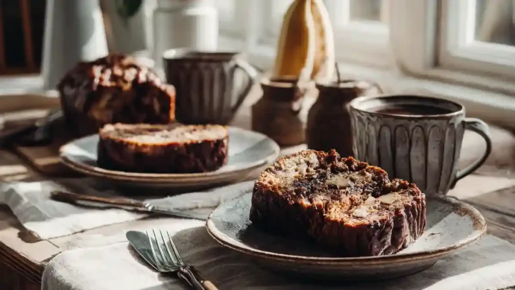 Tranches de pain banane chocolat servies avec des tasses de café sur une table de brunch ensoleillée