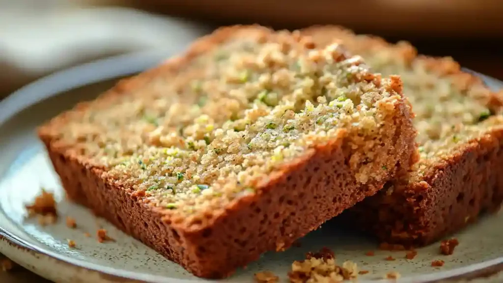 Gros plan sur une tranche de pain de courgettes avec texture aérée et bords dorés