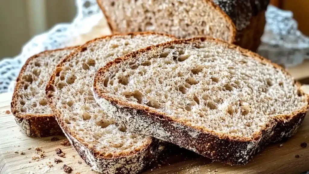 Tranches de pain Poilâne au levain sur planche en bois