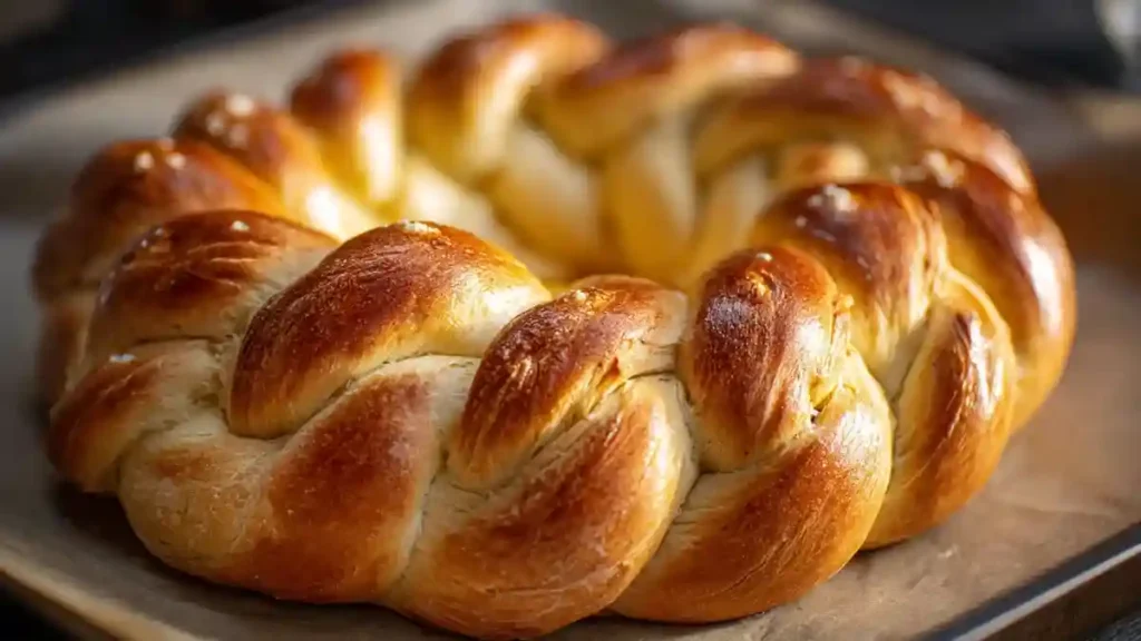 Recette Couronne de pain brioché sortie du four avec dorure brillante