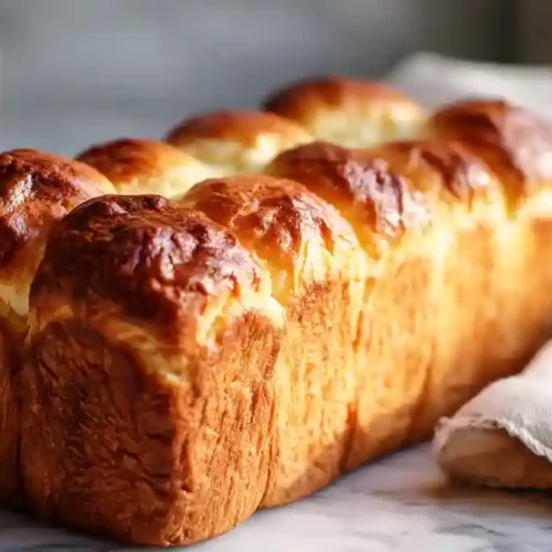 Brioche filante entière à la croûte dorée posée sur une surface en marbre