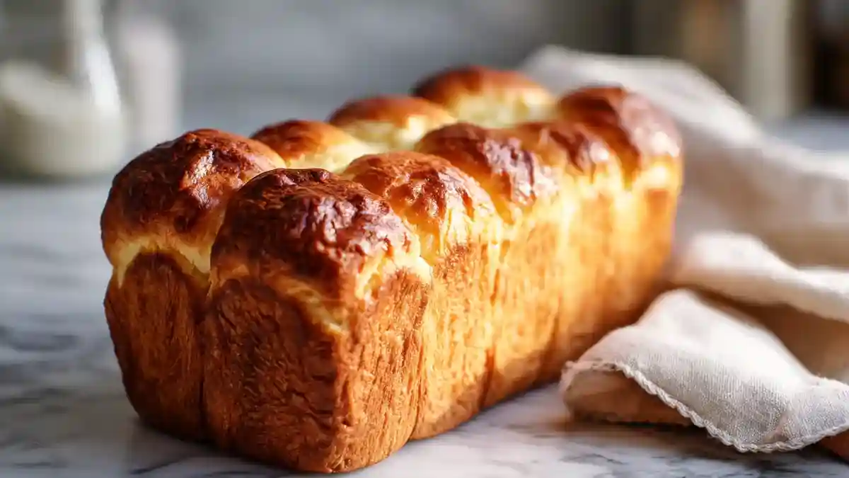 Brioche filante entière à la croûte dorée posée sur une surface en marbre