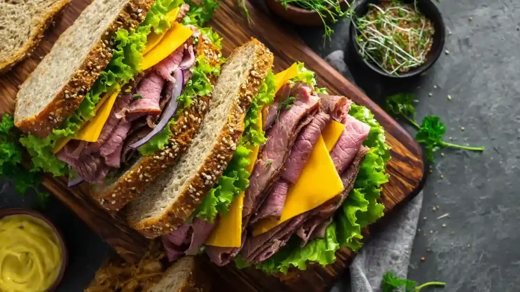 Sandwich low carb au rosbif, cheddar, laitue et pain aux graines sur planche en bois