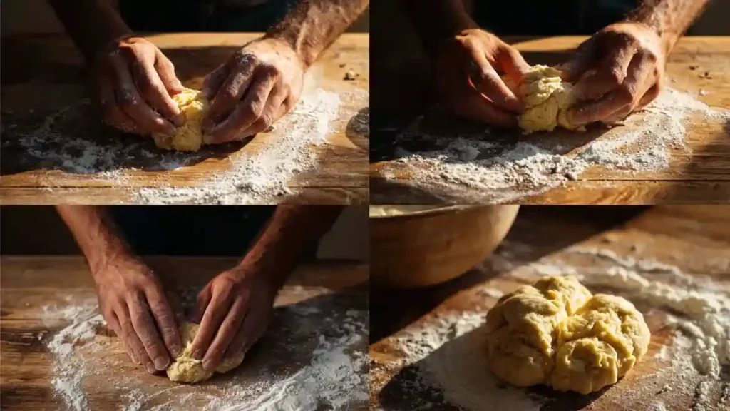 Mains façonnant des disques de pâte à brioche avec du beurre sur un plan fariné