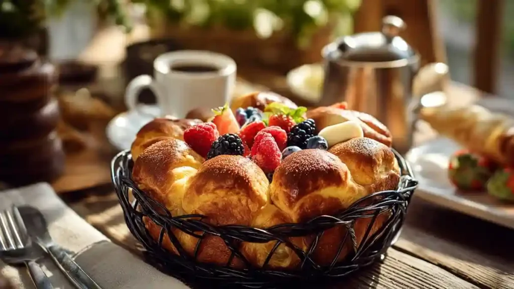 Brioche filante en rouleaux servie dans un panier avec fruits frais et café