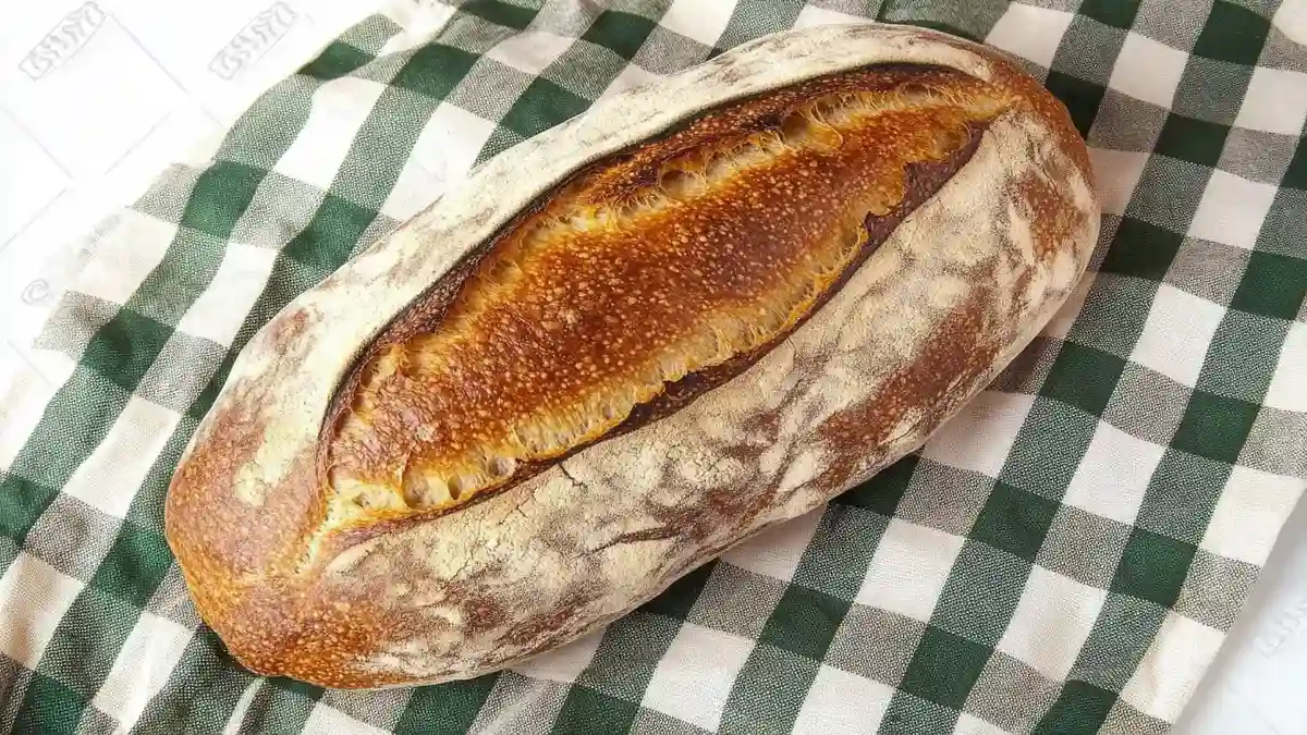 Pain bâtard artisanal à croûte dorée sur un torchon à carreaux