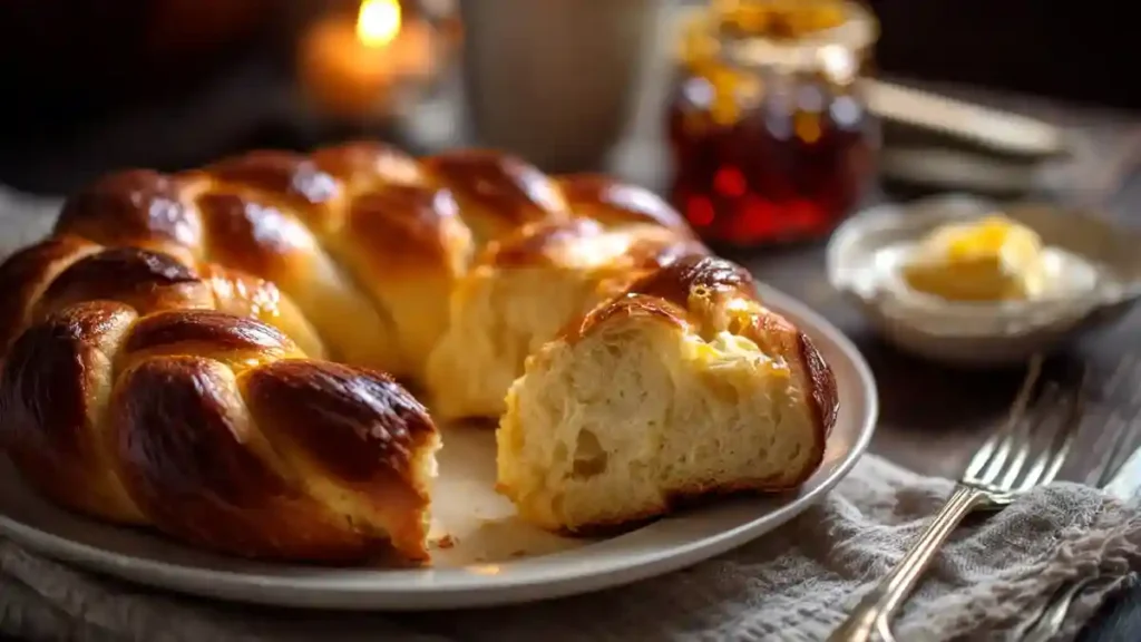 Part de couronne de pain servie avec beurre et confiture