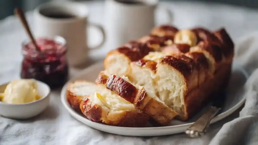 Tranches de brioche servies avec du beurre et de la confiture maison