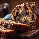 Tranches de pain au banane moelleux avec pépites de chocolat fondantes vues en gros plan sur une table en bois