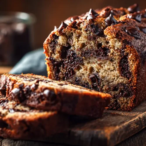 Tranches de pain au banane moelleux avec pépites de chocolat fondantes vues en gros plan sur une table en bois