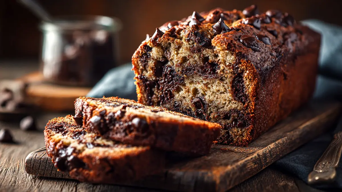 Tranches de pain au banane moelleux avec pépites de chocolat fondantes vues en gros plan sur une table en bois