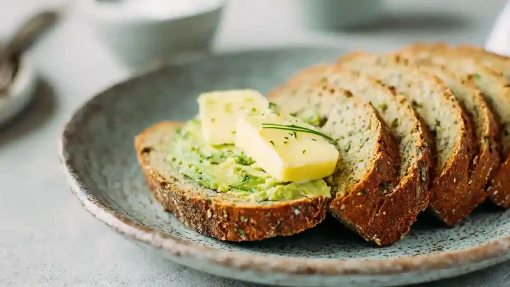 Tranches de pain keto avec purée d’avocat et beurre sur une assiette en céramique