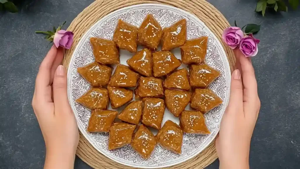 Makrouts dorés nappés de miel, joliment disposés sur une assiette décorative, entourés de fleurs et présentés de manière élégante.