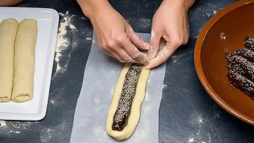 Façonnage du makrout : pâte roulée autour d’une farce de dattes saupoudrée de graines de sésame.