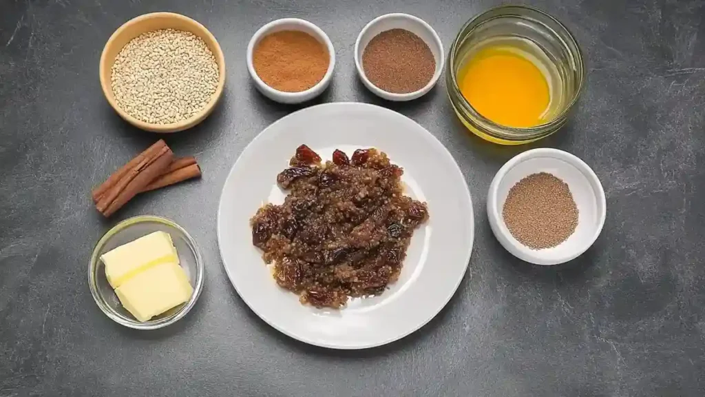 Ingrédients pour la farce du makrout : pâte de dattes, cannelle, beurre, graines de sésame, eau de fleur d’oranger, muscade, bâtons de cannelle.