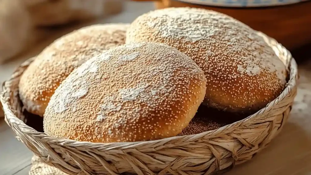Pain khobz marocain traditionnel à la semoule présenté dans un panier en osier