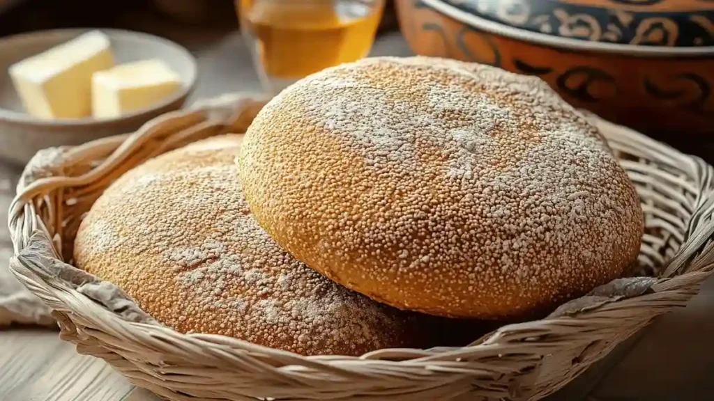 Deux pains khobz marocains à la semoule fine dans un panier en osier, accompagnés de thé et de beurre