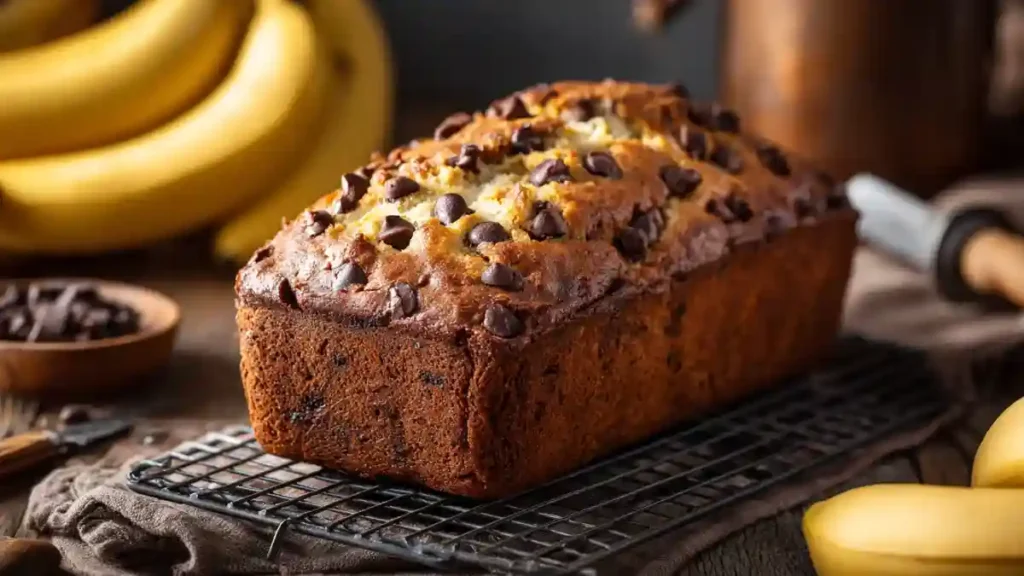 Pain au banane et chocolat entier reposant sur une grille, entouré de bananes mûres et d’ustensiles de cuisine