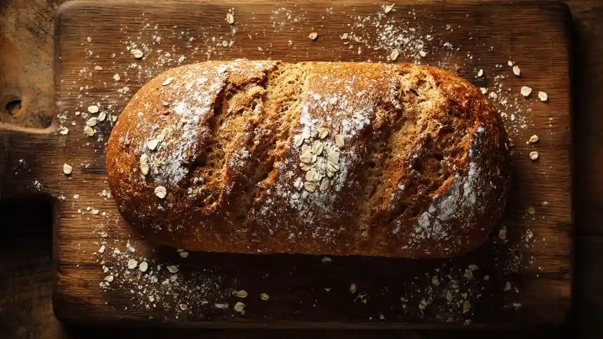 Pain sans glucides fait maison sur planche en bois rustique, saupoudré de farine et de flocons d’avoine