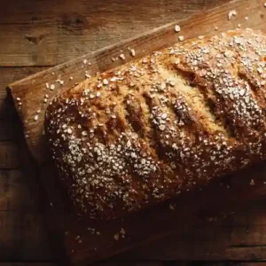Miniature d’un pain sans glucides doré, saupoudré de flocons d’avoine sur planche en bois