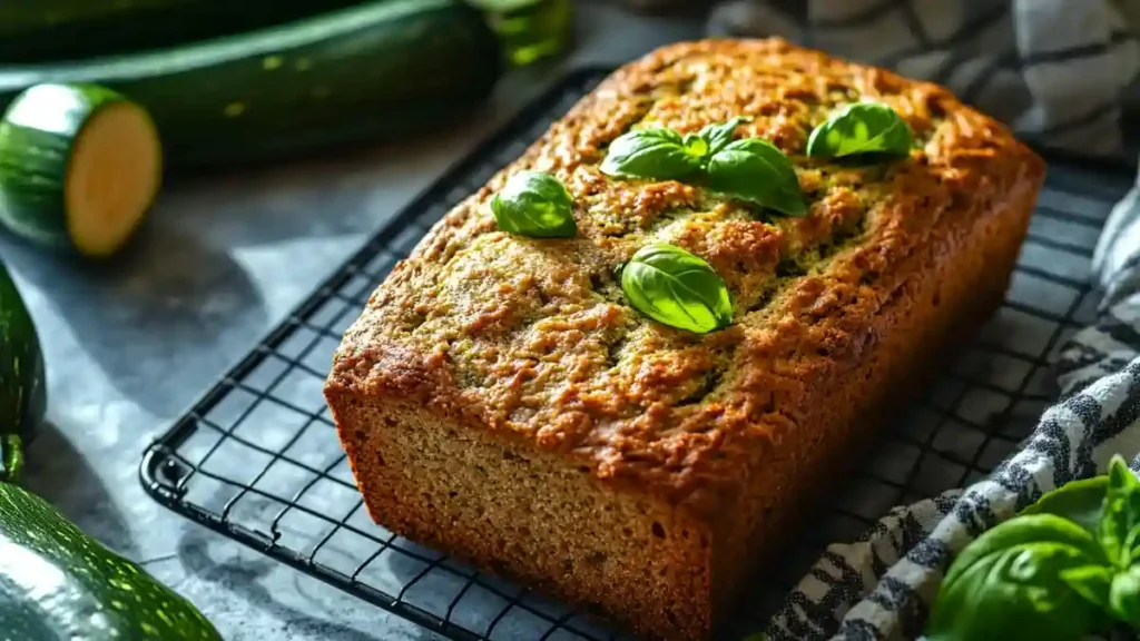 Pain de courgettes entier posé sur une grille, entouré de courgettes crues