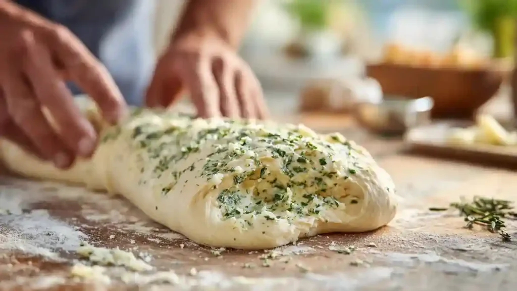 Pâte à pain étalée avec beurre à l’ail et herbes