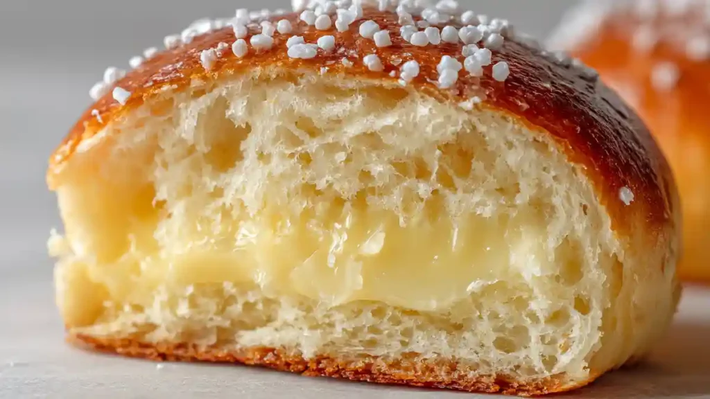 Intérieur d’une brioche chinoise avec crème vanille