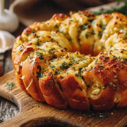 Couronne de pain brioché salé à l’ail et au persil, fraîchement cuite et servie sur une planche rustique