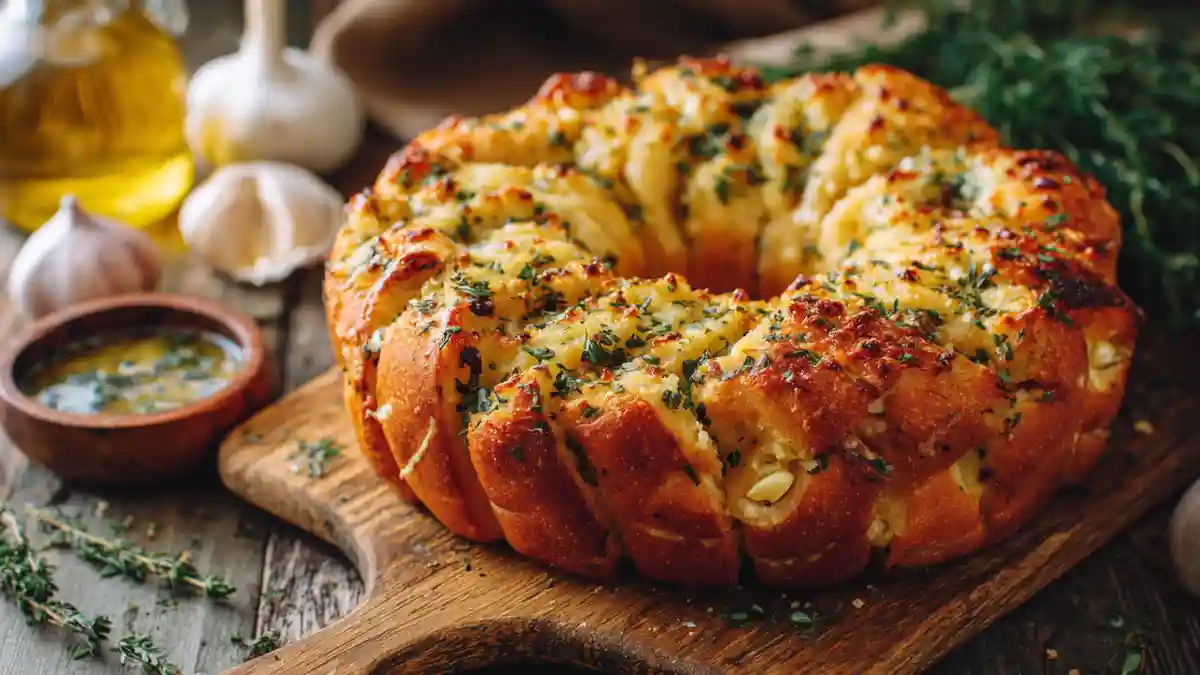 Couronne de pain brioché salé à l’ail et au persil, fraîchement cuite et servie sur une planche rustique