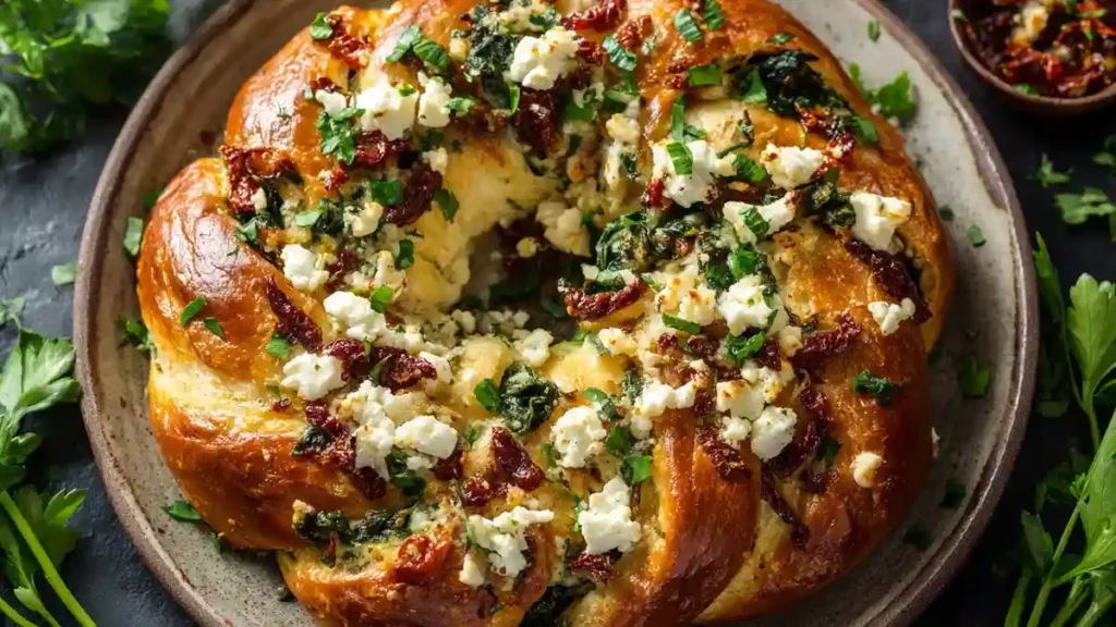 Couronne salée avec épinards, tomates séchées et fromage de chèvre