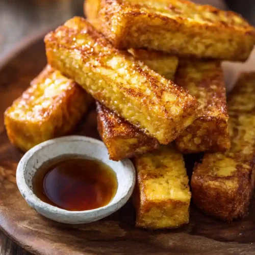 Bâtonnets de pain perdu croustillants cuits à la friteuse à air, servis avec du sirop d’érable